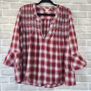 Sundance Cotton Red Plaid Smocked Top Blouse Flare Sleeve Cottage Western Small